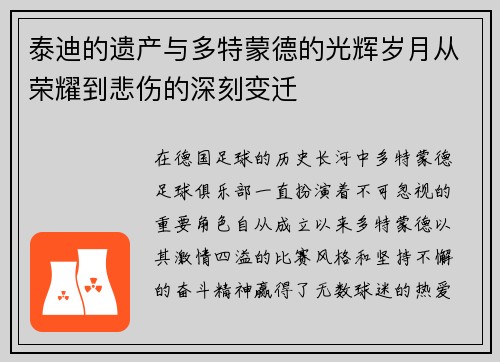 泰迪的遗产与多特蒙德的光辉岁月从荣耀到悲伤的深刻变迁